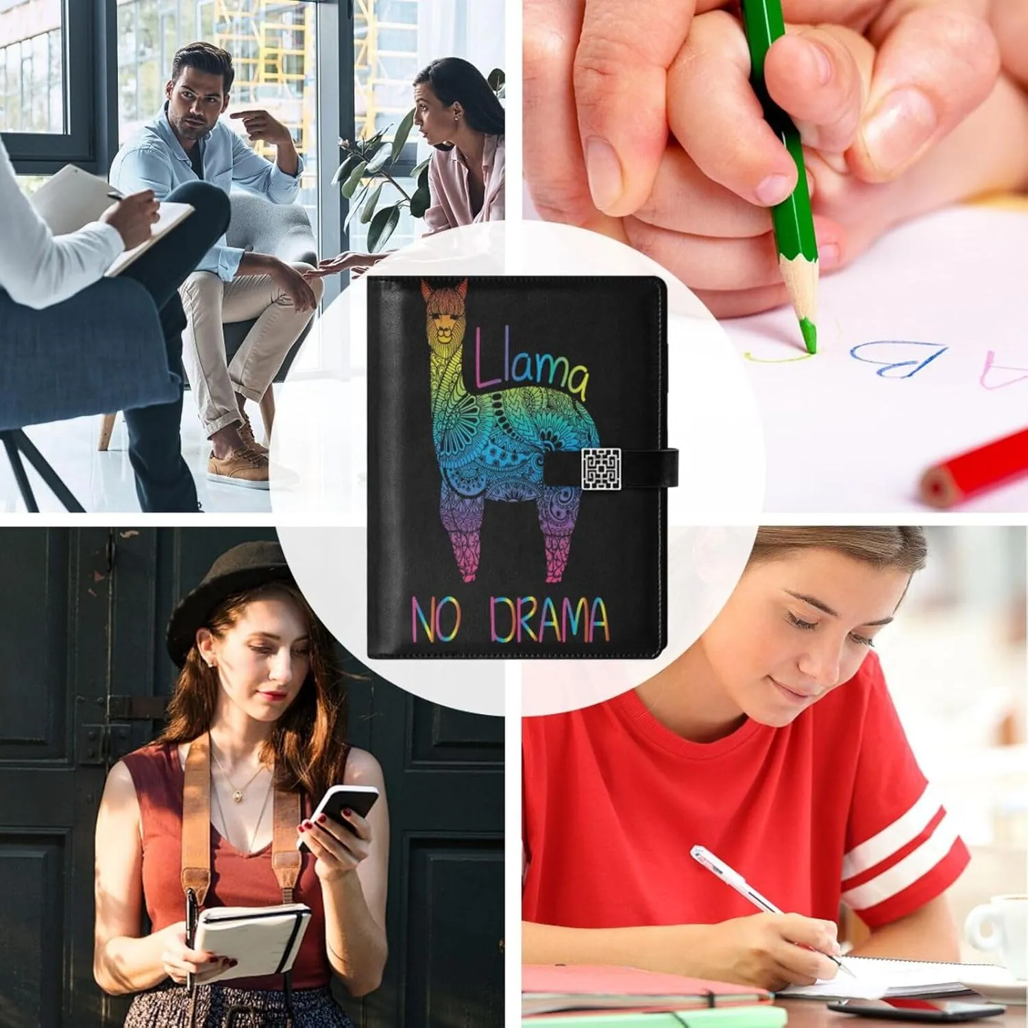 Rainbow Alpaca A5 Binder 6 Ring Refillable PU Leather Notebook Journal with Magnetic Buckle Closure Loose Leaf Travel Office Planner Budget Binder Notepad Portfolio, Llama No Drama