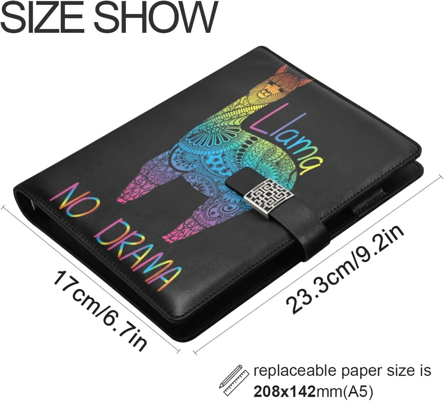 Rainbow Alpaca A5 Binder 6 Ring Refillable PU Leather Notebook Journal with Magnetic Buckle Closure Loose Leaf Travel Office Planner Budget Binder Notepad Portfolio, Llama No Drama