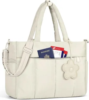 RAINSMORE Laptop Tote Bag for Women 15.6 Inch Lightweight Puffer Work Tote Bag Quilted Travel Bags with Shoulder Strap Large Computer Briefcase Teacher Nurse Bag for Casual Office Travel, Beige