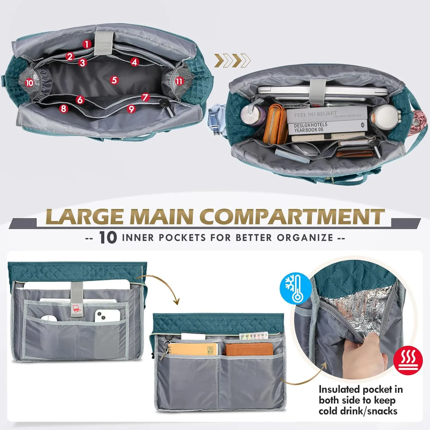 RAINSMORE Teacher Tote Bag 17.3 inch Laptop Bag for Women Work Bags Laptop Tote Nurse Bag Professional Computer Messenger with Insulated Pocket Briefcase for Office, College, Nursing, Teal