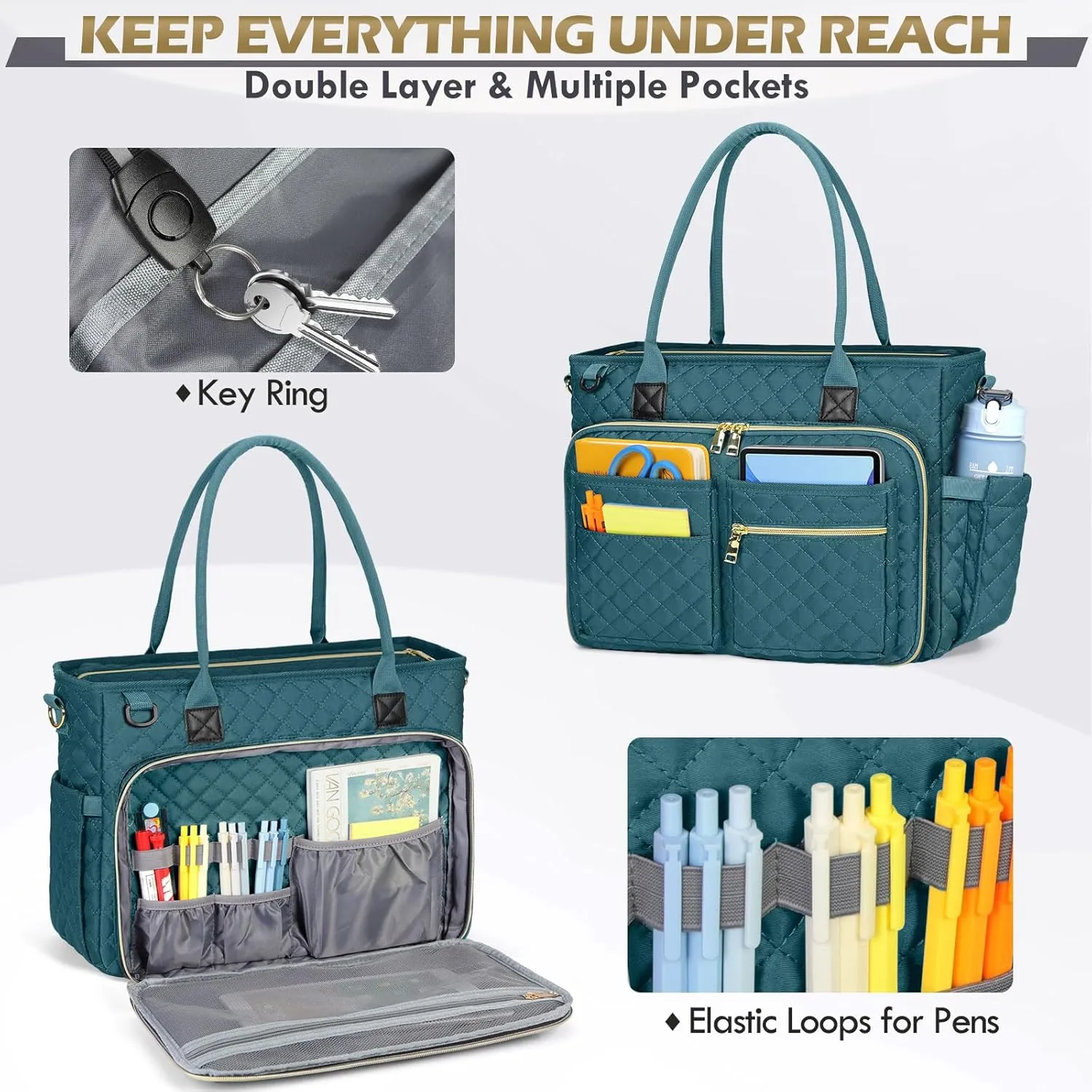 RAINSMORE Teacher Tote Bag 17.3 inch Laptop Bag for Women Work Bags Laptop Tote Nurse Bag Professional Computer Messenger with Insulated Pocket Briefcase for Office, College, Nursing, Teal