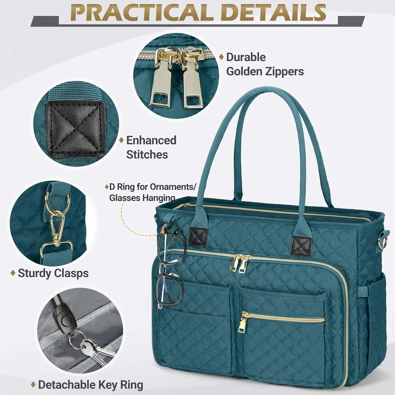 RAINSMORE Teacher Tote Bag 17.3 inch Laptop Bag for Women Work Bags Laptop Tote Nurse Bag Professional Computer Messenger with Insulated Pocket Briefcase for Office, College, Nursing, Teal