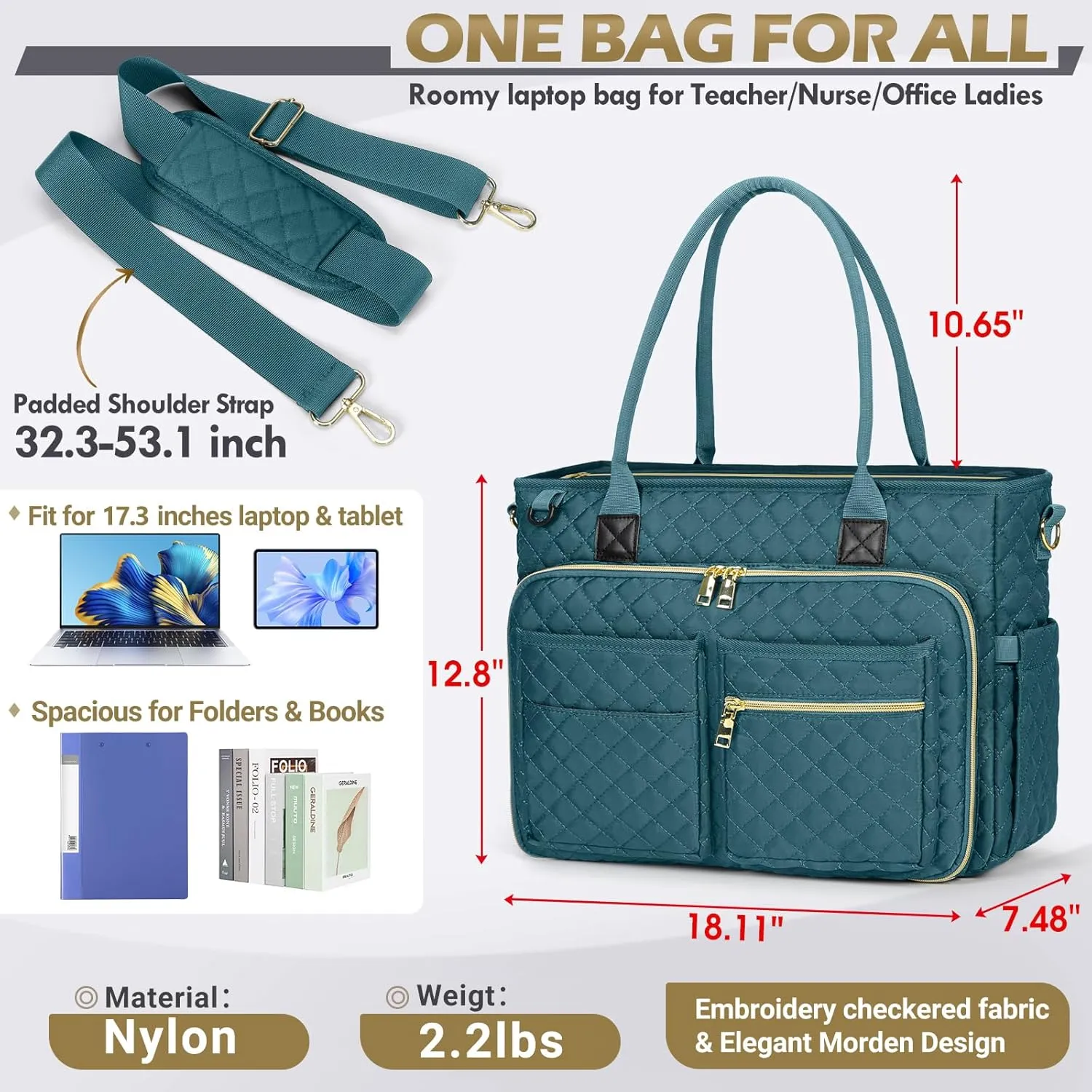 RAINSMORE Teacher Tote Bag 17.3 inch Laptop Bag for Women Work Bags Laptop Tote Nurse Bag Professional Computer Messenger with Insulated Pocket Briefcase for Office, College, Nursing, Teal