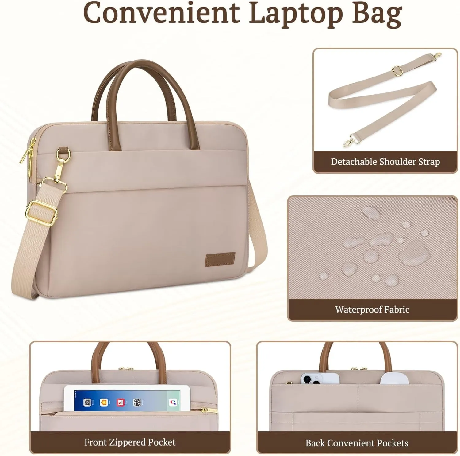 RAINYEAR 14 Inch Laptop Bag for Women, Protective Waterproof Large Capacity Computer Shoulder Bag Carrying Case with Handle for 13-14 Inch Notebook Computer Laptop, Khaki