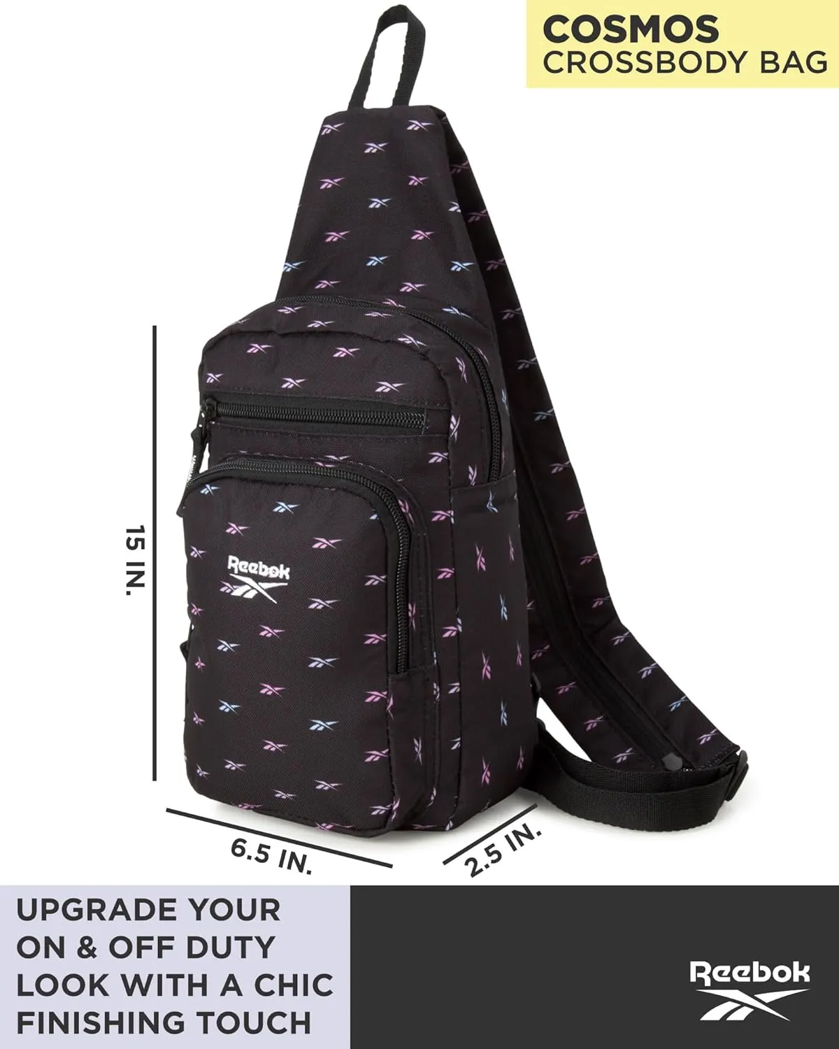 Reebok Unisex Crossbody Bag - Compact Sling Crossbody Bags for Women and Men with Convertible Strap for Gym and Travel, Size One Size, Cosmos Black Ombre