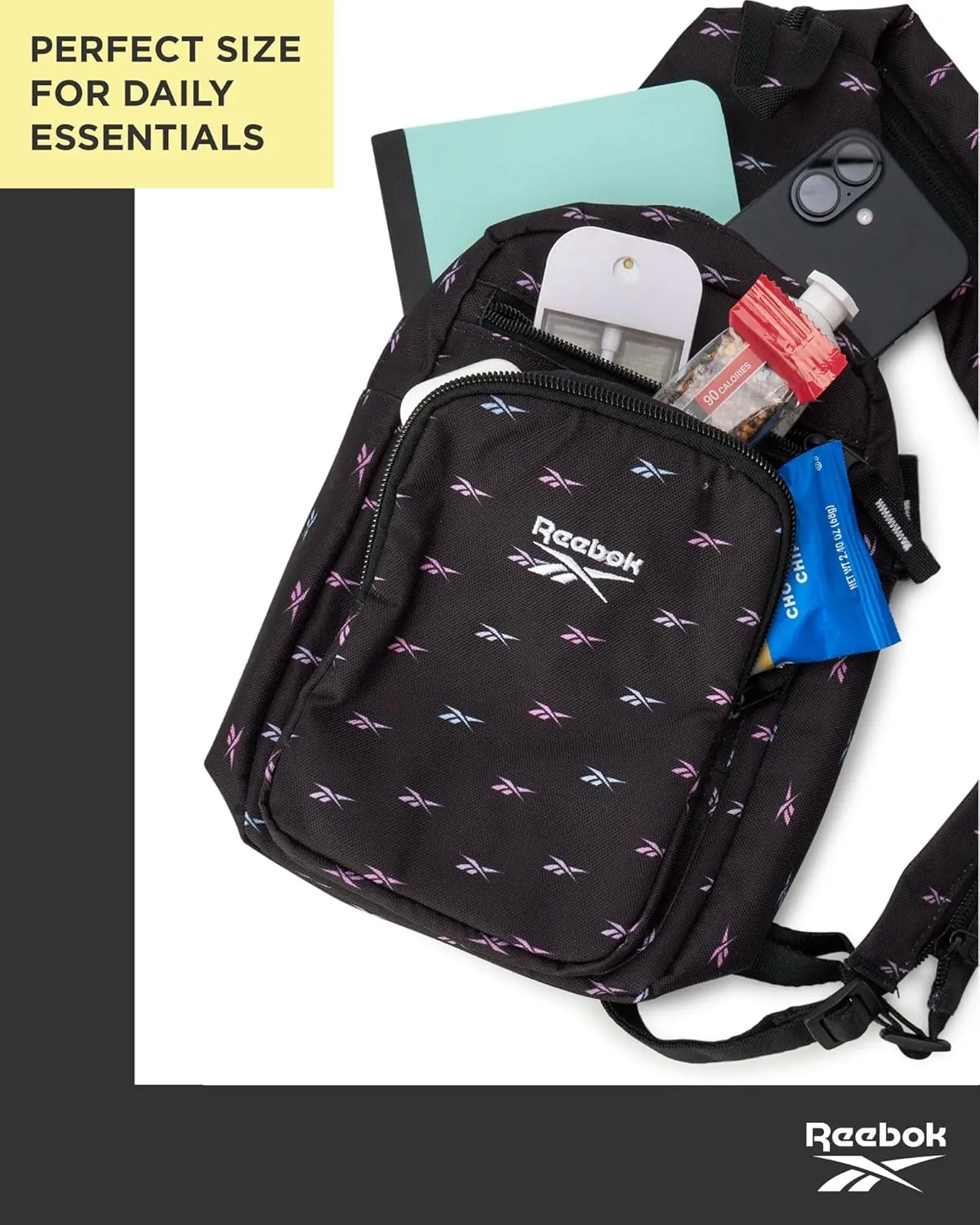 Reebok Unisex Crossbody Bag - Compact Sling Crossbody Bags for Women and Men with Convertible Strap for Gym and Travel, Size One Size, Cosmos Black Ombre