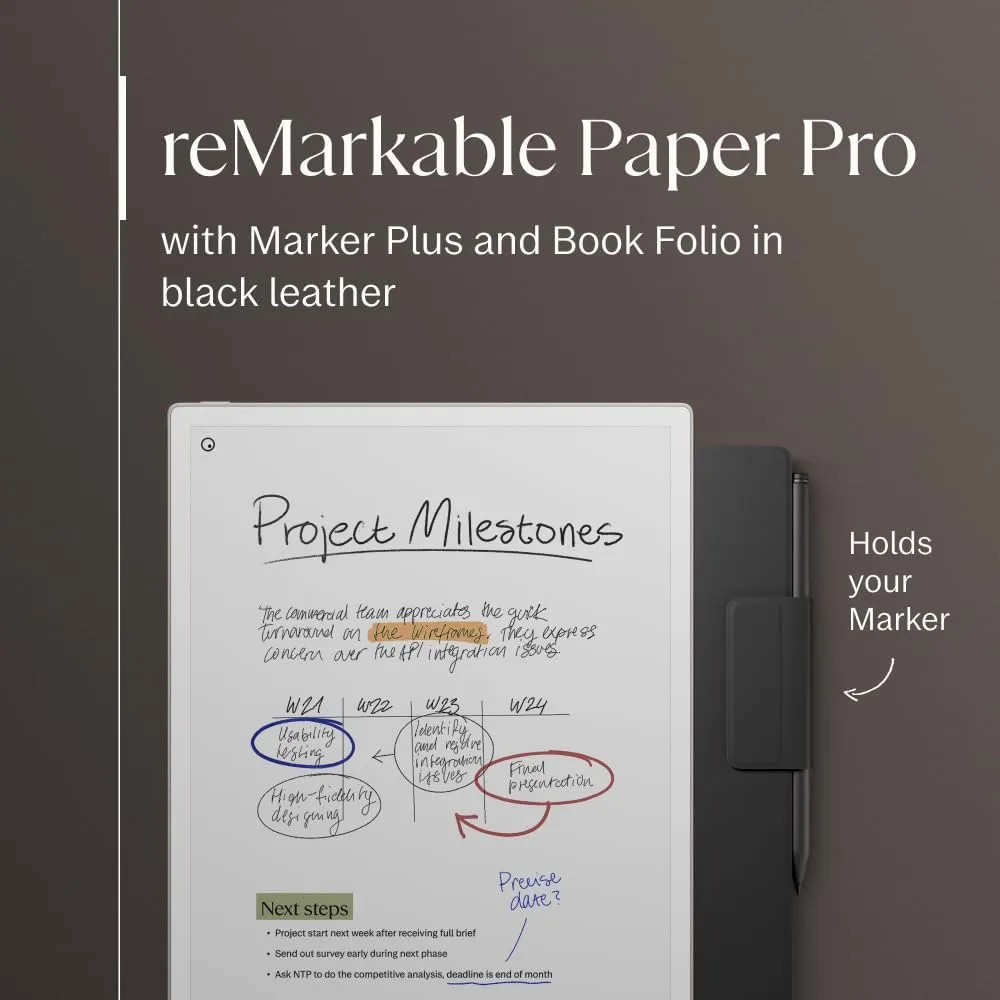 reMarkable Paper Pro Bundle – Premium Leather | Includes 11.8” reMarkable Paper Tablet, Marker Plus Pen with Eraser, and a Book Folio Cover in Black Leather