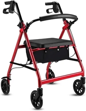 Rollator, Aluminum Foldable Walking Mobility Aid Rollator Shopping Trolley with Seat and Handbrake for Elderly Adult Walk Yearn for Better Life Thoughtful (Red)