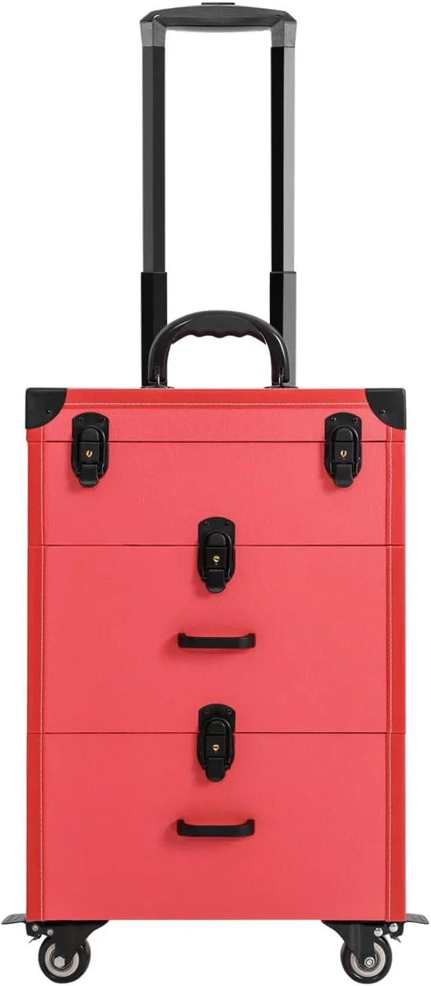 Rolling Makeup Case, Professional Cosmetic Train Cases, Makeup Organizer Make Up Box Travel Trolley, Cosmetology Case On Wheels, Portable Makeup Suitcase For Beautician, Nail Technician (Rose Red)