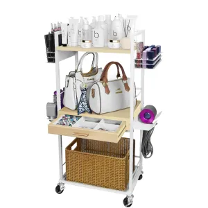 Rolling Makeup Organizer Cart with Wheels & Wood Drawers,Vanity Organizer Cosmetic Display Cases Holder for Skin Care Perfume Nail Polish Brush Hair Tool