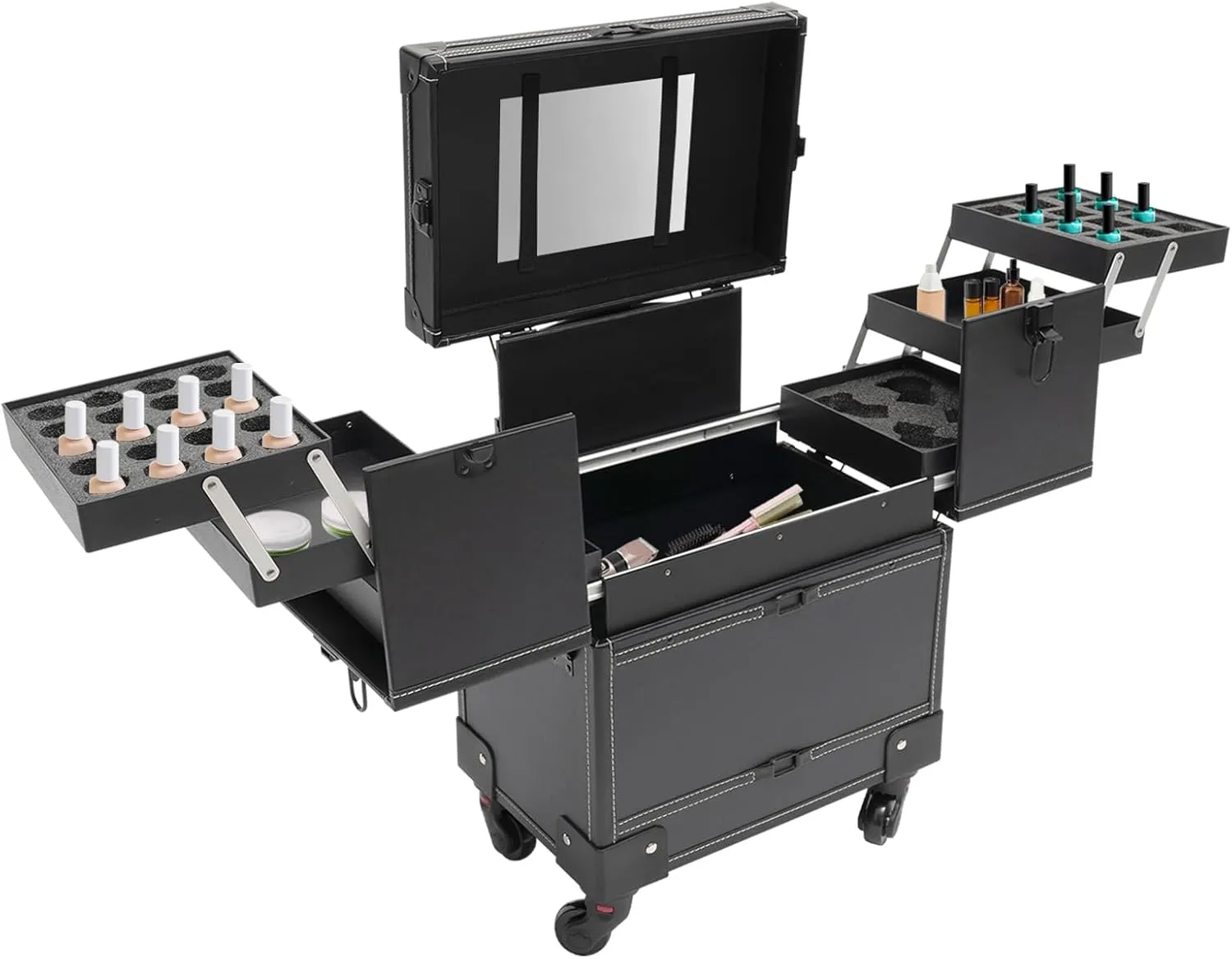 Rolling Makeup Train Case Professional Cosmetic Organizer Trolley with Drawers Compartment Nail Case Wheeled Manicure Pedicure Storage Case for Hair Stylists Makeup Artists (Black A)