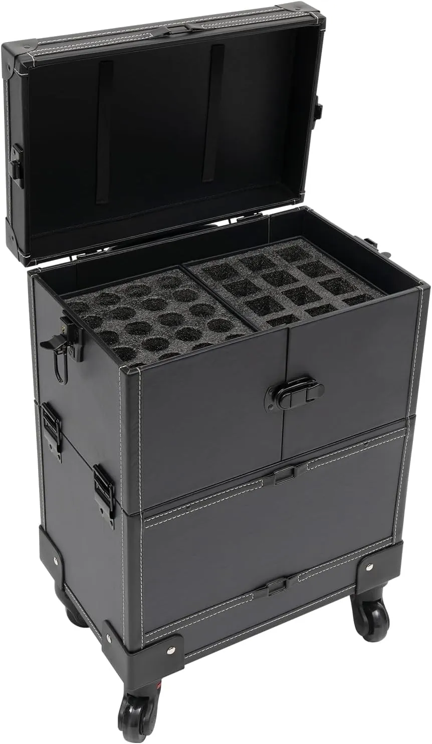 Rolling Makeup Train Case Professional Cosmetic Organizer Trolley with Drawers Compartment Nail Case Wheeled Manicure Pedicure Storage Case for Hair Stylists Makeup Artists (Black A)
