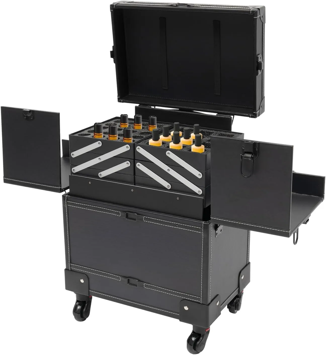 Rolling Makeup Train Case Professional Cosmetic Organizer Trolley with Drawers Compartment Nail Case Wheeled Manicure Pedicure Storage Case for Hair Stylists Makeup Artists (Black A)