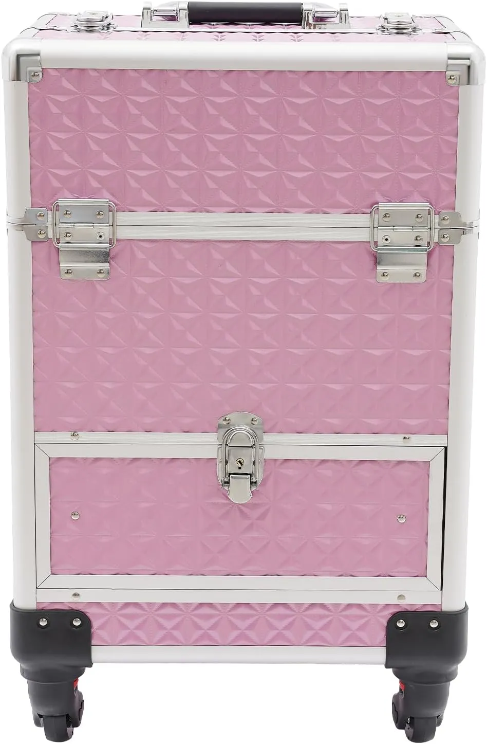 Rolling Makeup Train Case with Locks and Drawers, Professional Aluminum Cosmetic Trolley Cases with 4 Universal Wheels for Studio or Travelling Nail Technician Artists (Pink)