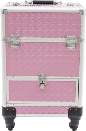 Rolling Makeup Train Case with Locks and Drawers, Professional Aluminum Cosmetic Trolley Cases with 4 Universal Wheels for Studio or Travelling Nail Technician Artists (Pink)
