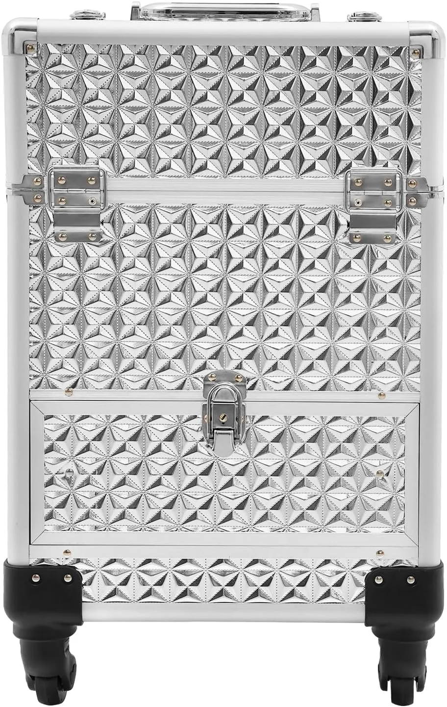 Rolling Makeup Train Case with Locks and Drawers, Professional Aluminum Cosmetic Trolley Cases with 4 Universal Wheels for Studio or Travelling Nail Technician Artists (Silver)