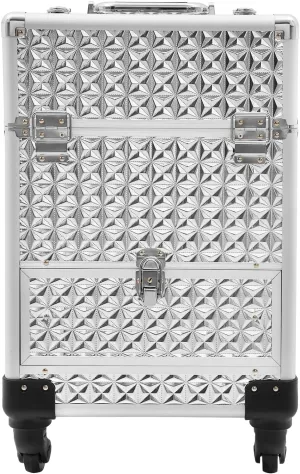 Rolling Makeup Train Case with Locks and Drawers, Professional Aluminum Cosmetic Trolley Cases with 4 Universal Wheels for Studio or Travelling Nail Technician Artists (Silver)