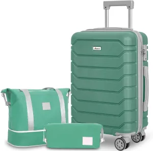 Romswi 20 Inch Carry On Luggage Sets,Lightweight PC ABS Hardshell Luggage with Spinner Wheels TSA Lock, Durable Suitcase Sets with Duffel Bag Travel Bag,3 Pcs,Sage Green