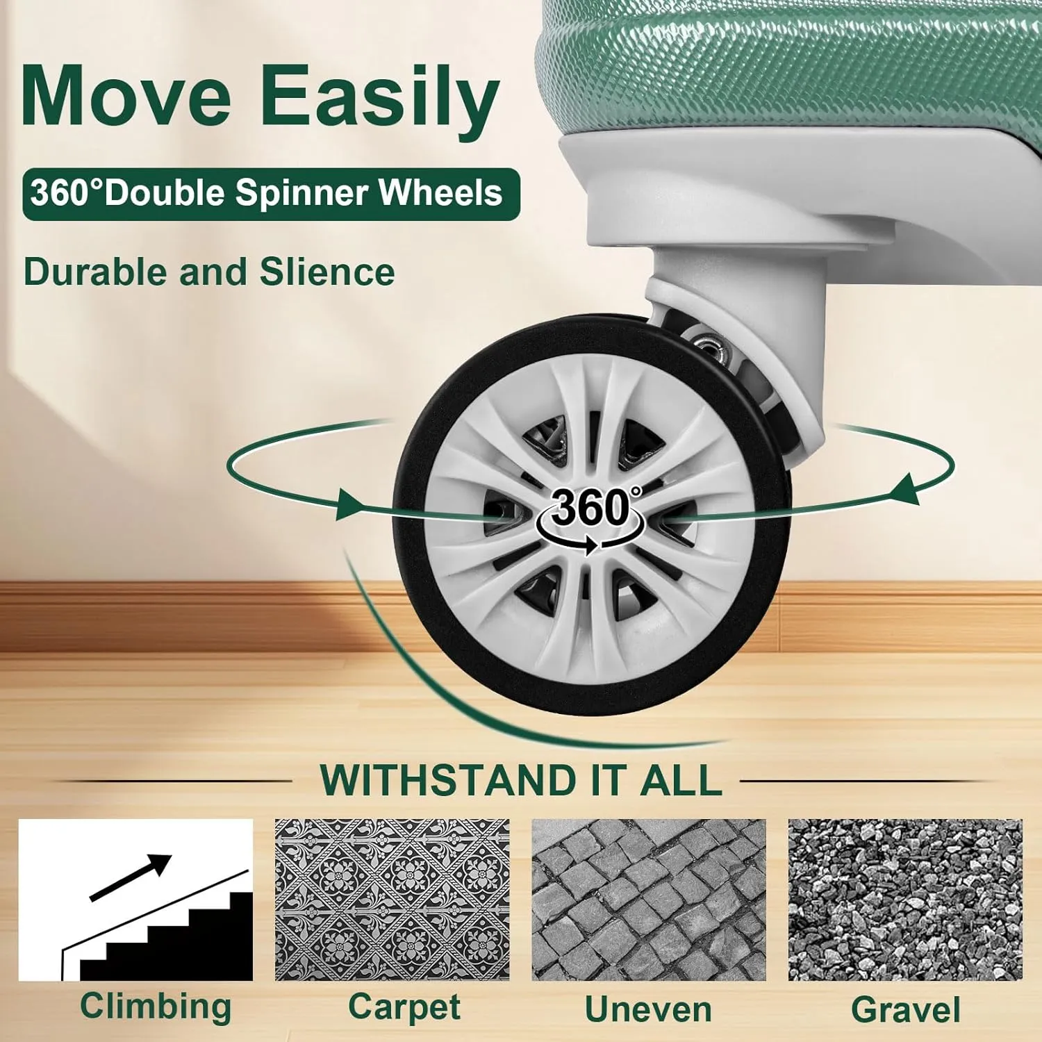 Romswi 20 Inch Carry On Luggage Sets,Lightweight PC ABS Hardshell Luggage with Spinner Wheels TSA Lock, Durable Suitcase Sets with Duffel Bag Travel Bag,3 Pcs,Sage Green