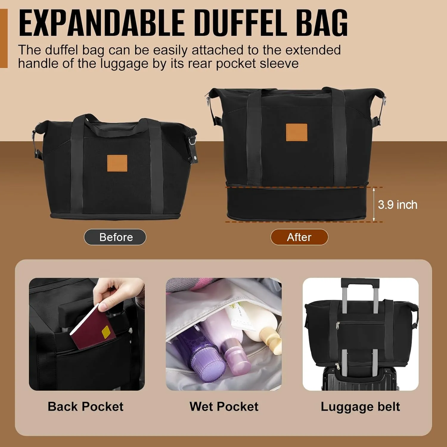 Romswi 3-Piece Carry-On Luggage Set with Cup Holder TSA Lock, 20" Hardside Spinner Suitcase with Duffel Bag, Lightweight Durable PC ABS Black Travel Luggage