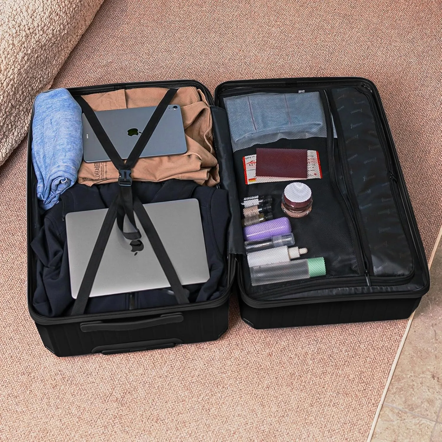 Romswi 3-Piece Carry-On Luggage Set with Cup Holder TSA Lock, 20" Hardside Spinner Suitcase with Duffel Bag, Lightweight Durable PC ABS Black Travel Luggage