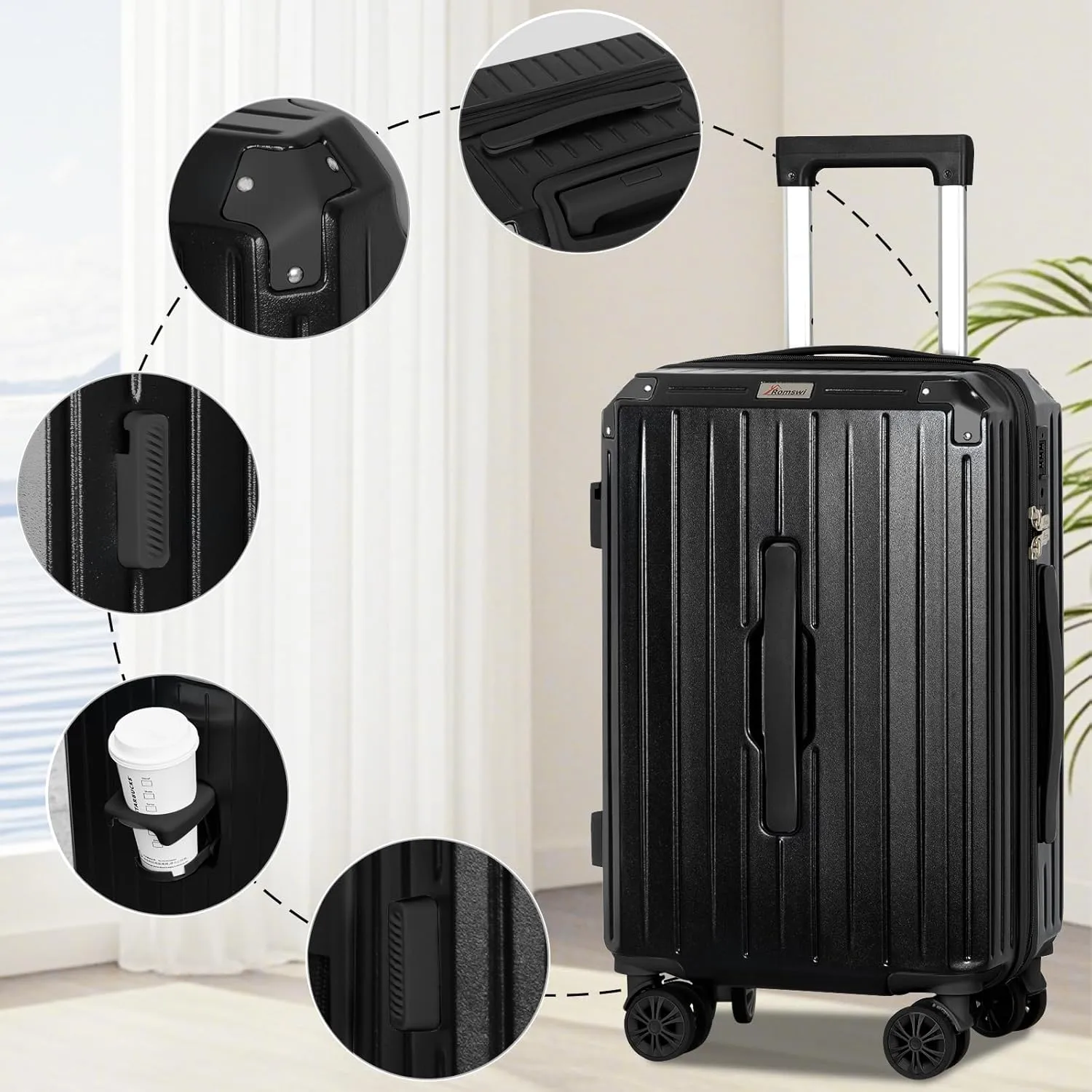 Romswi 3-Piece Carry-On Luggage Set with Cup Holder TSA Lock, 20" Hardside Spinner Suitcase with Duffel Bag, Lightweight Durable PC ABS Black Travel Luggage