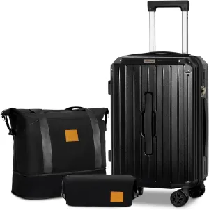 Romswi 3-Piece Carry-On Luggage Set with Cup Holder TSA Lock, 20" Hardside Spinner Suitcase with Duffel Bag, Lightweight Durable PC ABS Black Travel Luggage