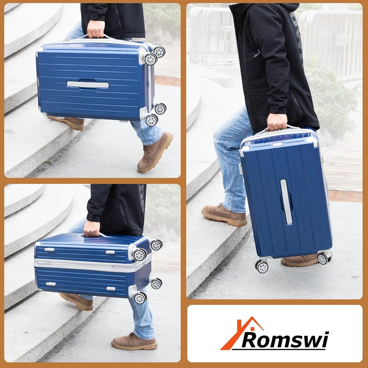 Romswi 3-Piece Carry-On Luggage Set with Cup Holder TSA Lock, 20" Hardside Spinner Suitcase with Duffel Bag, Lightweight Durable PC ABS Navy Travel Luggage