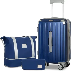 Romswi 3-Piece Carry-On Luggage Set with Cup Holder TSA Lock, 20" Hardside Spinner Suitcase with Duffel Bag, Lightweight Durable PC ABS Navy Travel Luggage