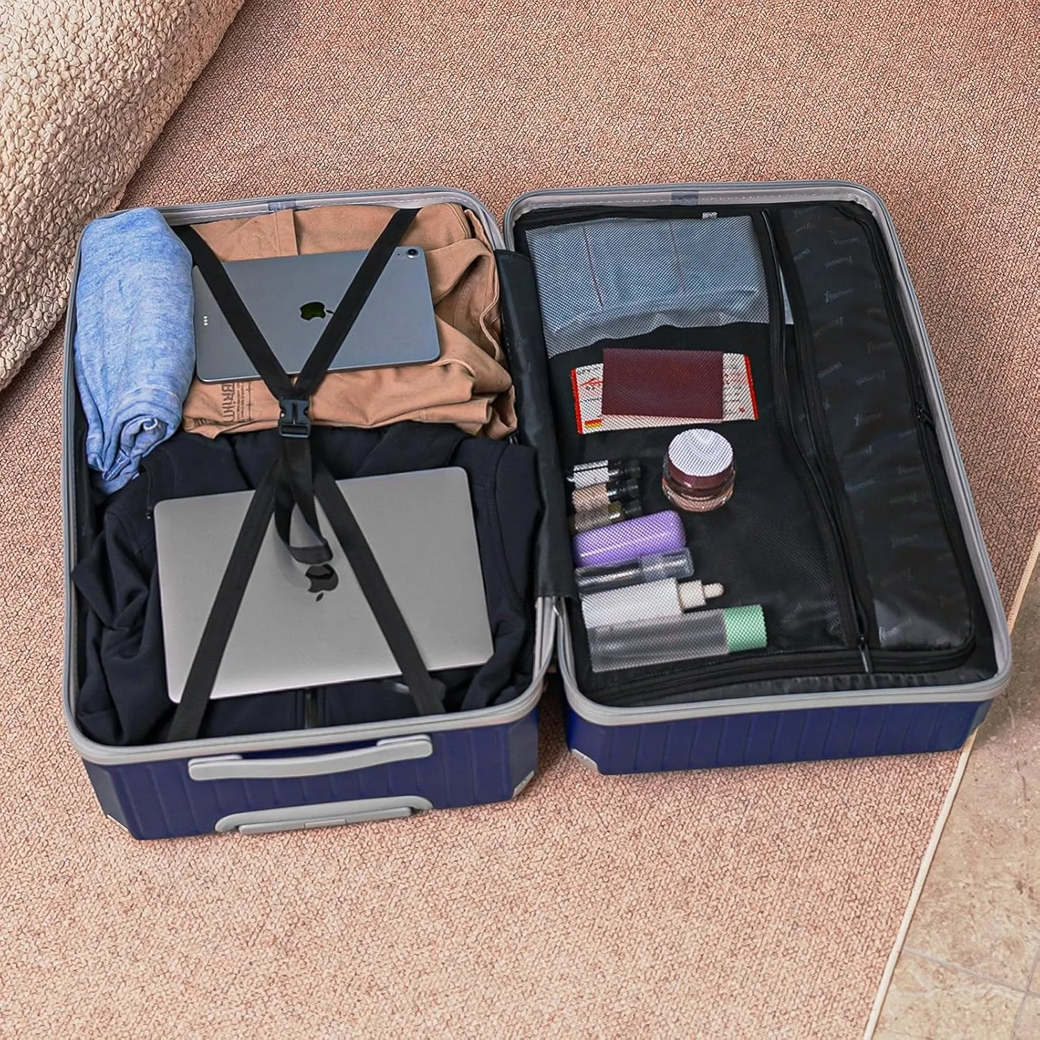 Romswi 3-Piece Carry-On Luggage Set with Cup Holder TSA Lock, 20" Hardside Spinner Suitcase with Duffel Bag, Lightweight Durable PC ABS Navy Travel Luggage