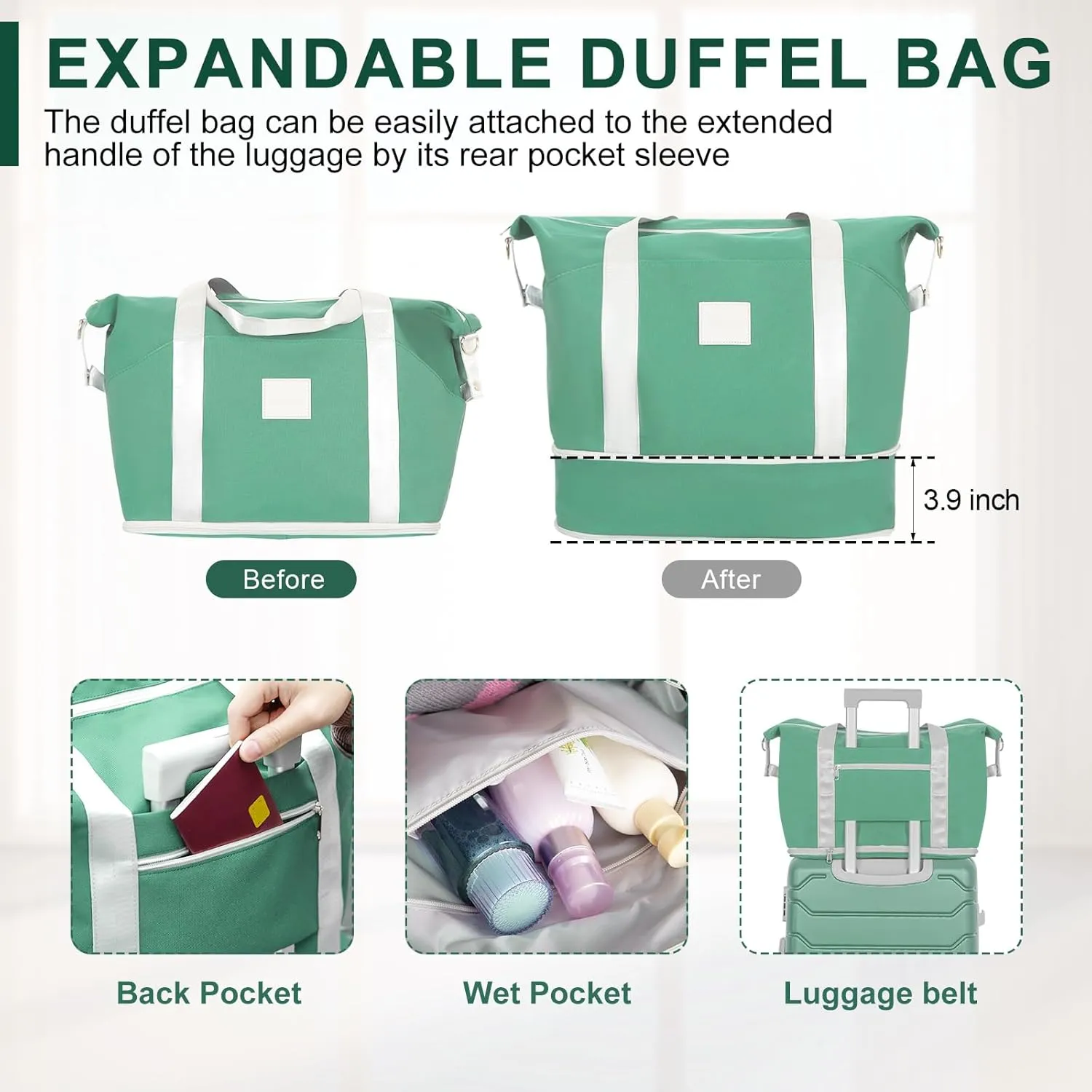 Romswi 5PCS Luggage Sets,Lightweight PC ABS Hardshell Luggage with Spinner Wheels TSA Lock, Durable Suitcase Sets with Duffel Bag Travel Bag Sage Green (20/24/28inch)