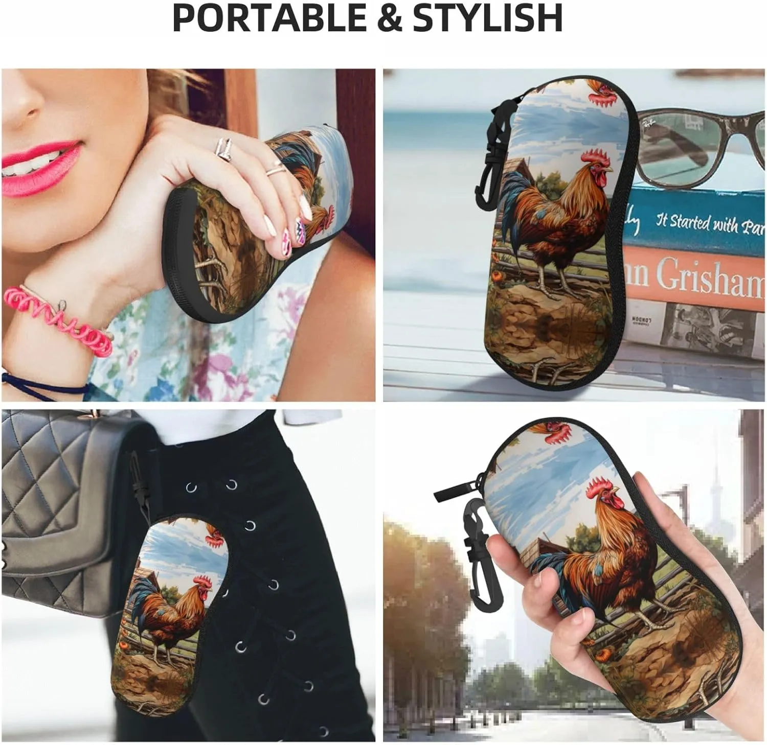 Rooster On Wood In Farmland Fashion Eyeglasses Bag Soft Glasses Bag,Portable Sunglasses Case Travel For Women Men Use