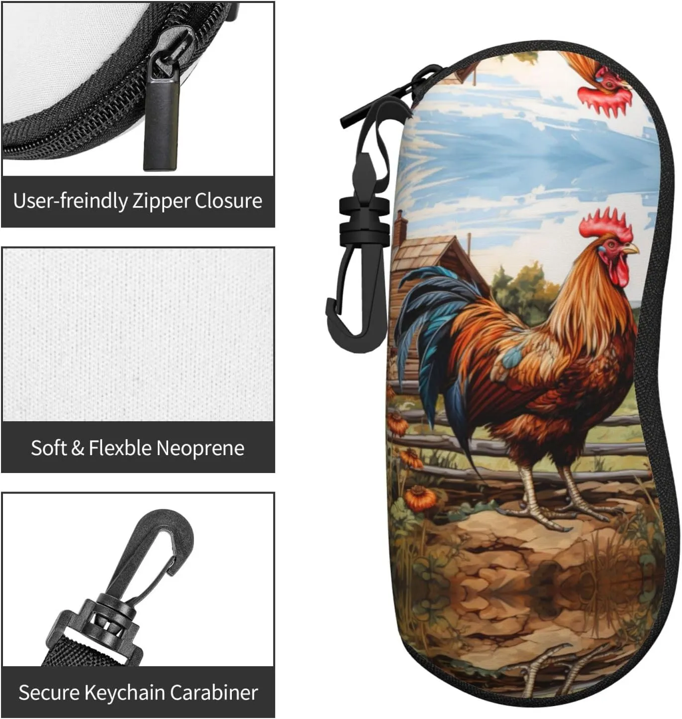 Rooster On Wood In Farmland Fashion Eyeglasses Bag Soft Glasses Bag,Portable Sunglasses Case Travel For Women Men Use