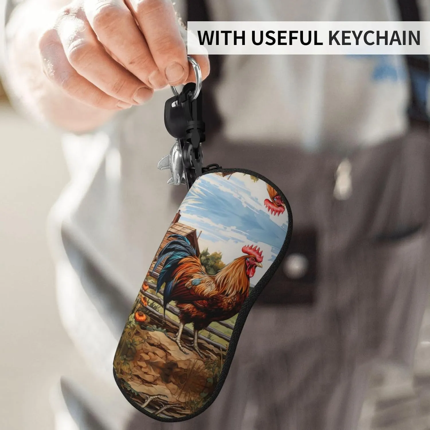 Rooster On Wood In Farmland Fashion Eyeglasses Bag Soft Glasses Bag,Portable Sunglasses Case Travel For Women Men Use