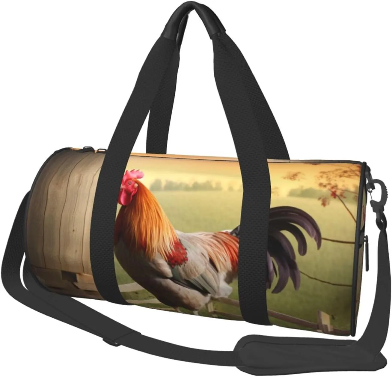 Rooster on Wood in Farmland Printed Sports Gym Bag for Men Women Foldable Duffel Bag Carry On Weekender Bag for Travel Sports