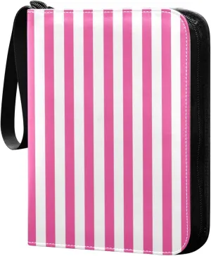 Rosy Red White Stripes Card Binder 4 Pocket Trading Card Album Fits 400 Sports/Game Cards, PU Cover 3 Ring Card Collection with 50 Removable Sleeves
