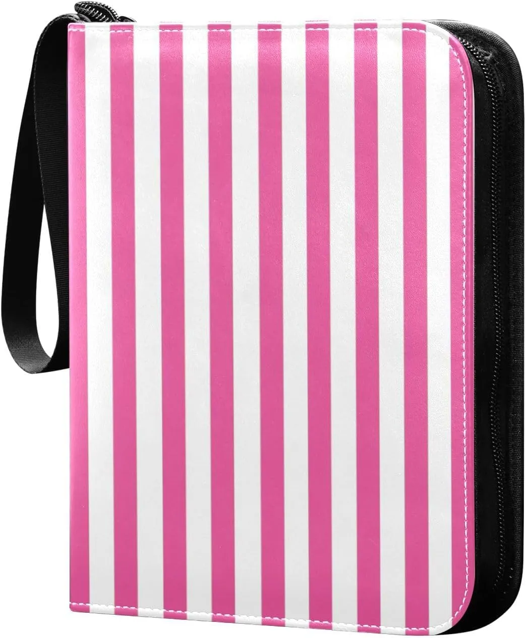 Rosy Red White Stripes Card Binder 4 Pocket Trading Card Album Fits 400 Sports/Game Cards, PU Cover 3 Ring Card Collection with 50 Removable Sleeves