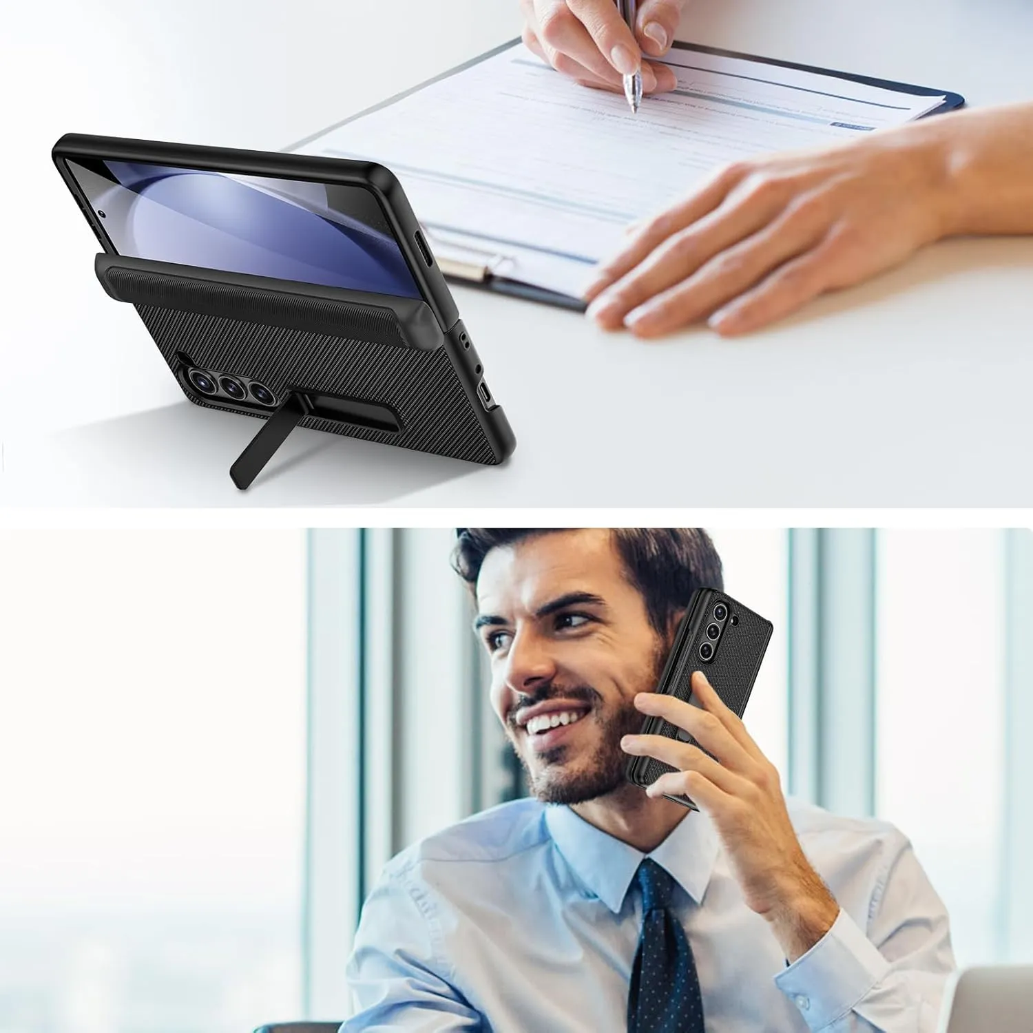 Ruky for Galaxy Z Fold 5 Case, with Magnetic Kickstand and Hinge Protection, Full Body Cases Built-in Screen Protector, PU Leather Phone Case for Samsung Galaxy Z Fold 5, Carbon Fiber