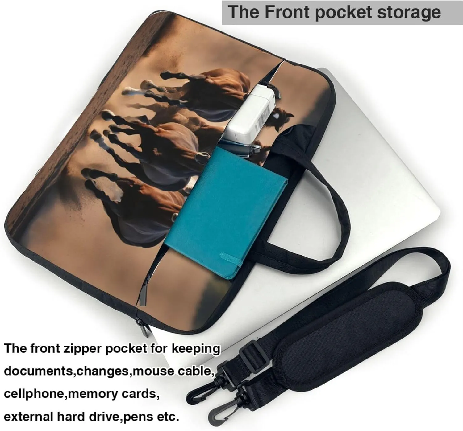 running horses Print Laptop Bag Laptop Case Shoulder Laptop Bag with Padded Protection Spacious Pockets, Black