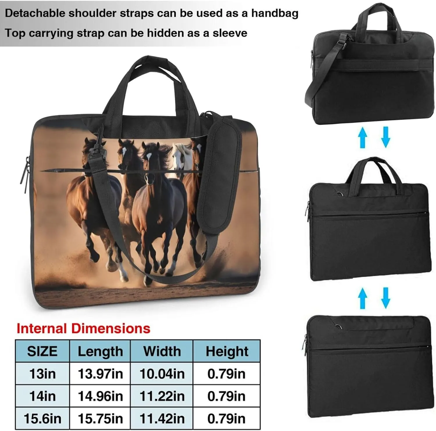 running horses Print Laptop Bag Laptop Case Shoulder Laptop Bag with Padded Protection Spacious Pockets, Black