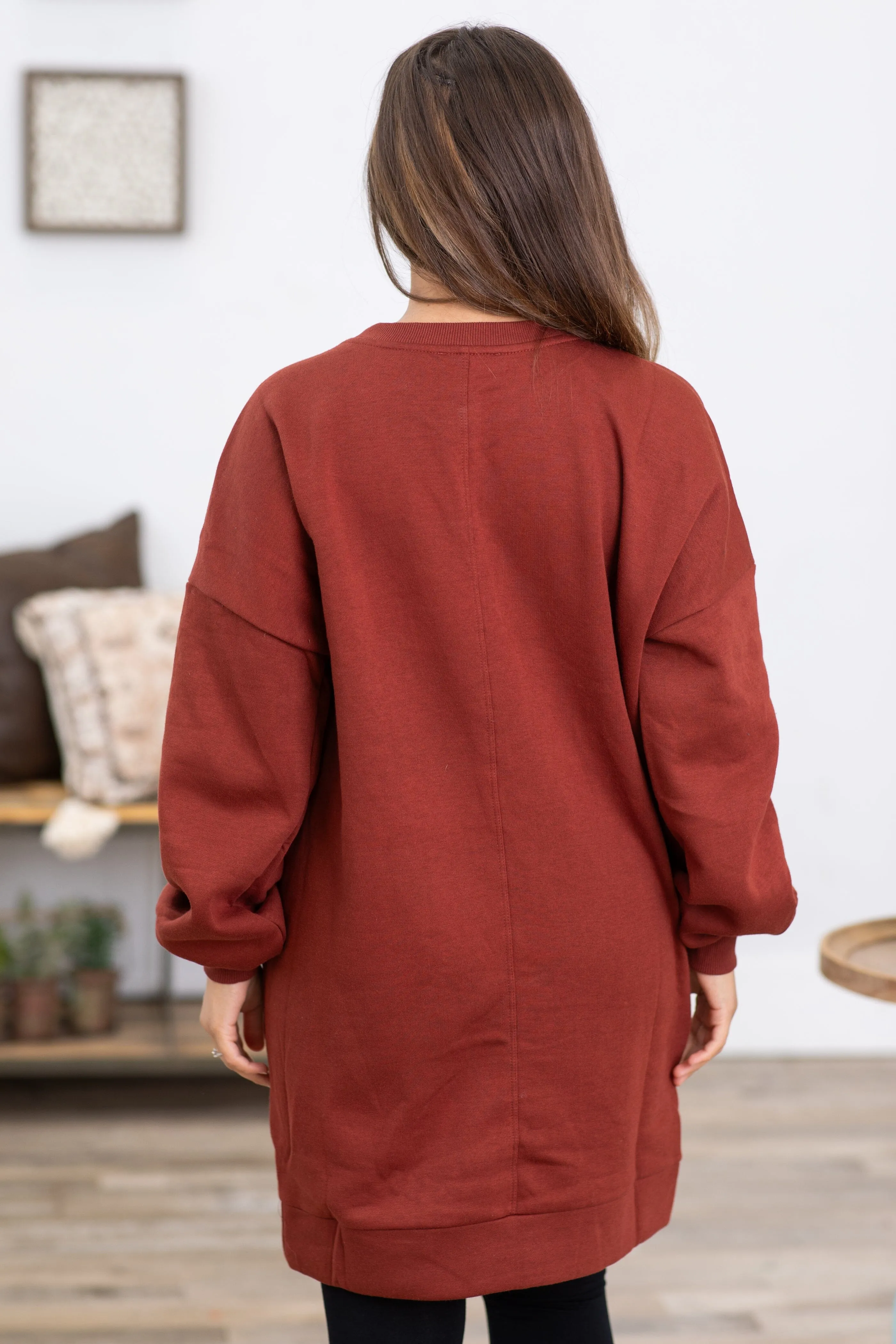 Rust Tunic Length Sweatshirt With Pockets
