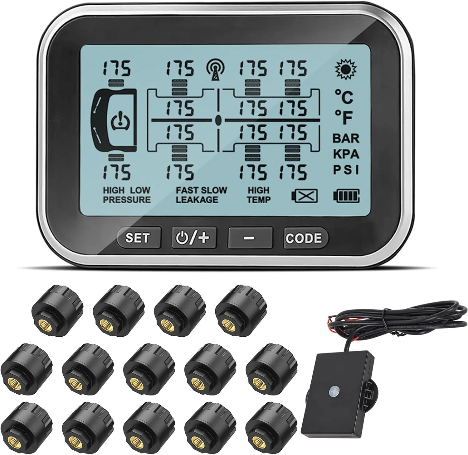 RV Tire Pressure Monitoring System, (0-199PSI) TM6 Trailer TPMS with 14 Sensors, 6 Alert Modes, Signal Booster, Long Distance Signal Transmission, for RV Trailer Truck semi-Trailer (14 Sensors)