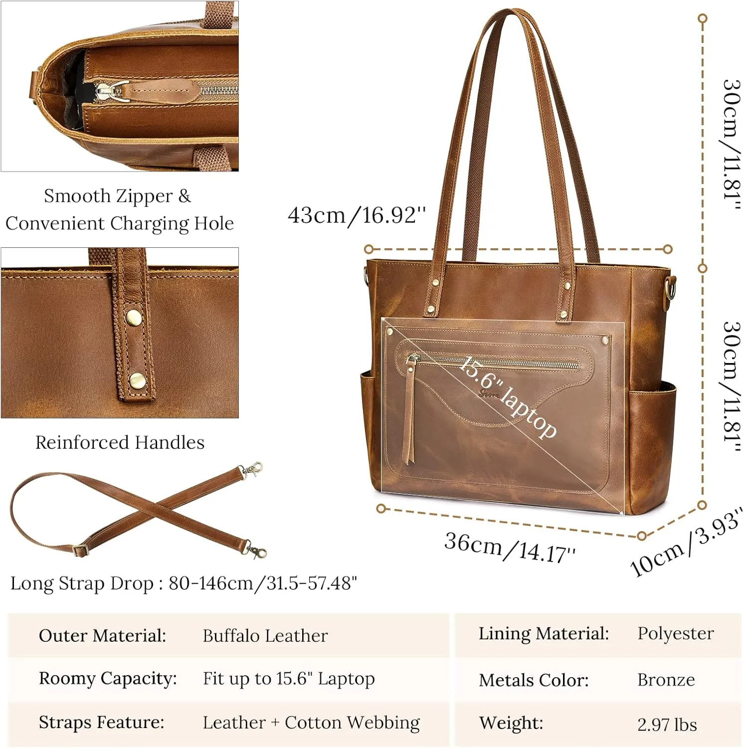 S-ZONE Women Genuine Leather Tote Bag Large Shoulder Purse Vintage Crossbody Work Handbag