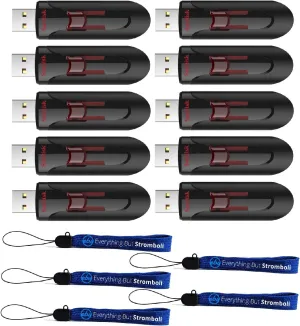 SanDisk 64GB Cruzer Glide 3.0 USB Flash Drive (10 Pack Bundle) Jump Drive Pen Drive Works with Laptop Computers with USB 2.0/3.0 Port (SDCZ600-064G-G35) Plus (5) Everything But Stromboli (TM) Lanyard