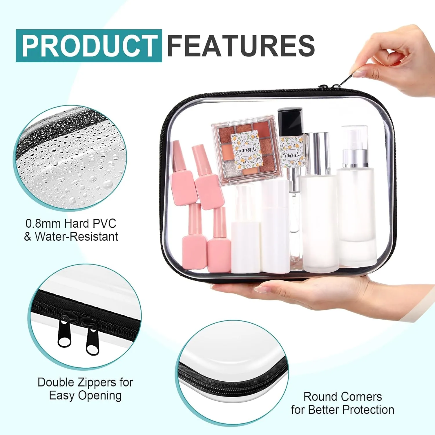 Sanwuta 6 Pcs Clear Hard Zipper Case Hard Plastic Zipper Pouches Makeup Bag Transparent Cases for Snacks Plastic Storage Organizer Portable Box for Travel (Black,9.84 x 7.87 x 2 Inch)