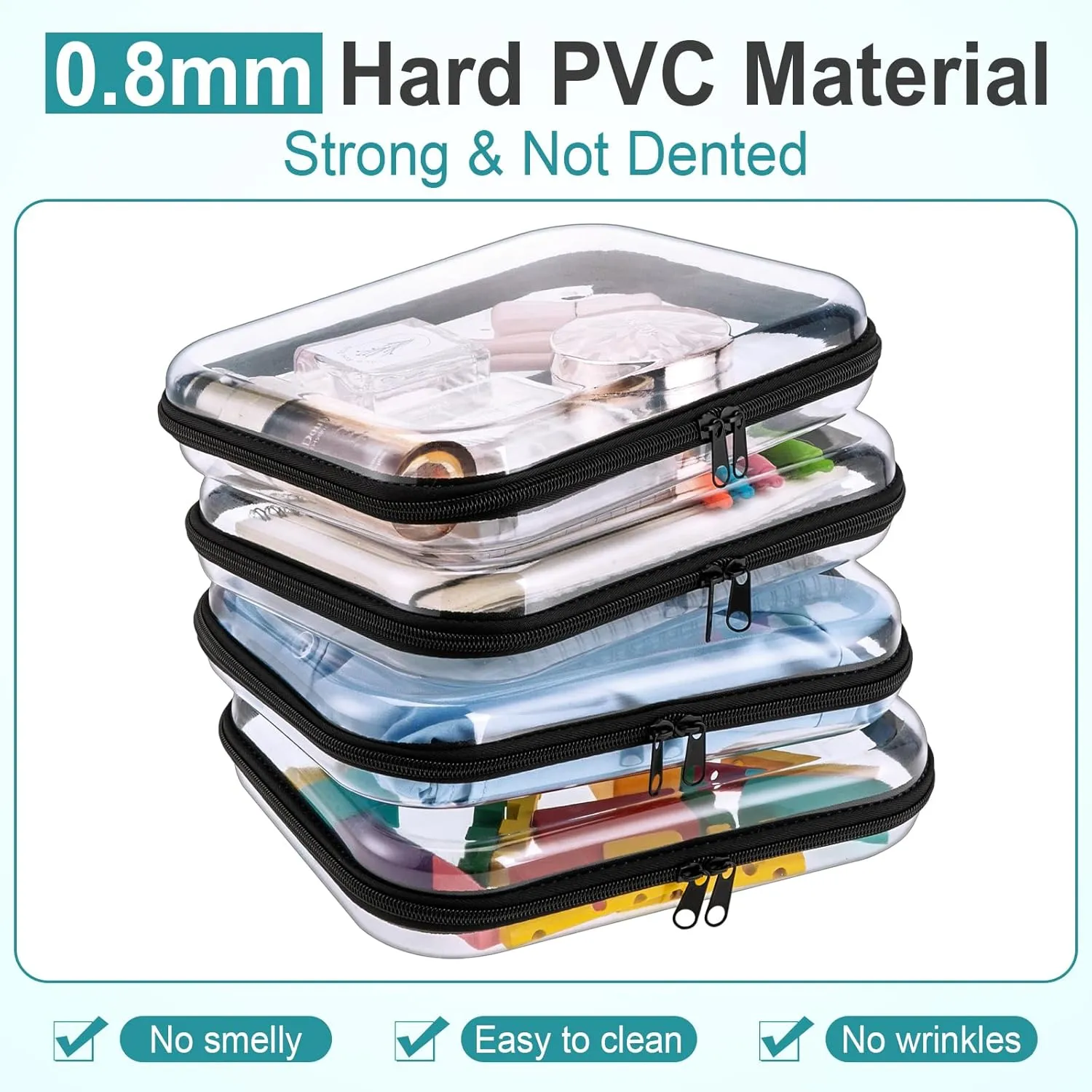 Sanwuta 6 Pcs Clear Hard Zipper Case Hard Plastic Zipper Pouches Makeup Bag Transparent Cases for Snacks Plastic Storage Organizer Portable Box for Travel (Black,9.84 x 7.87 x 2 Inch)