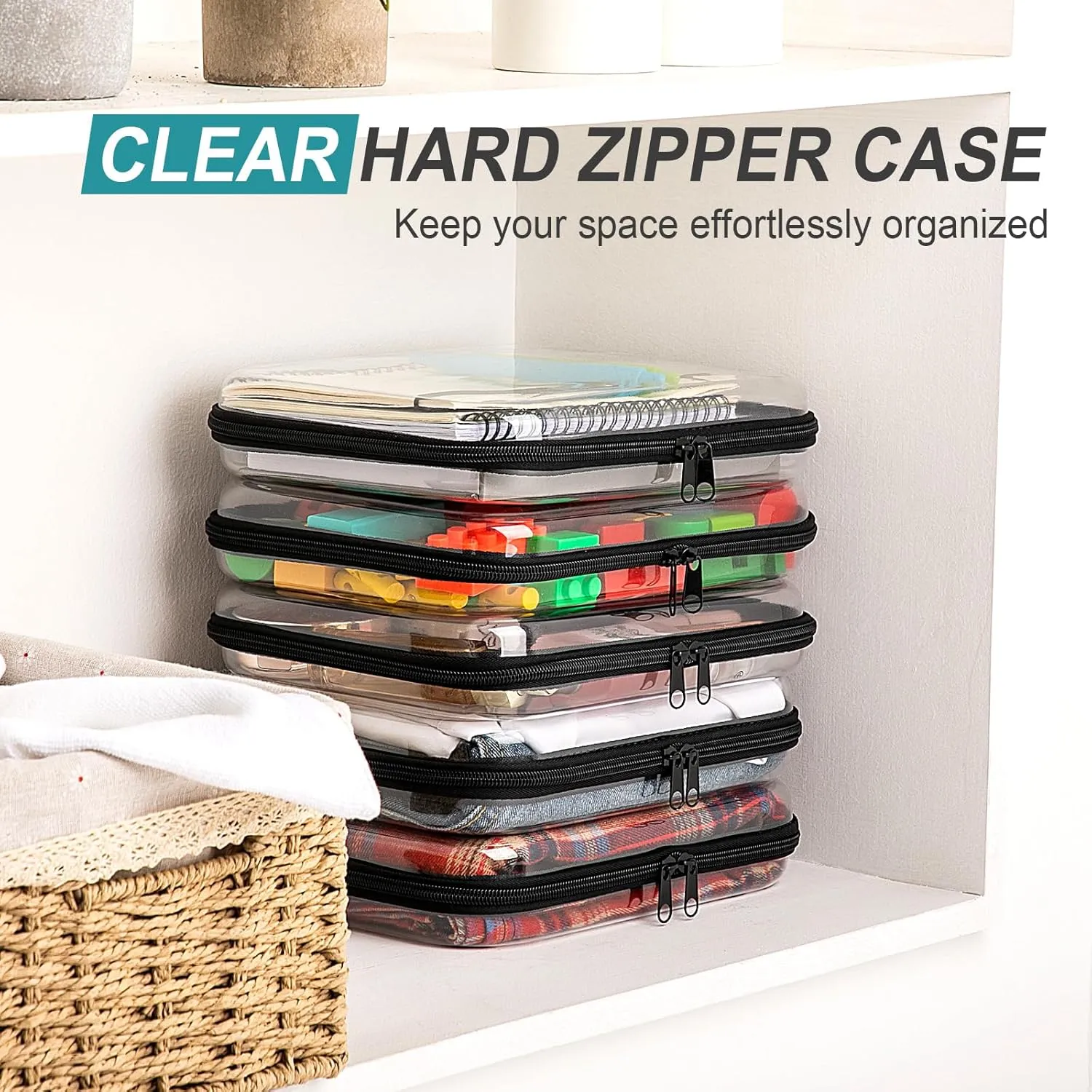 Sanwuta 6 Pcs Clear Hard Zipper Case Hard Plastic Zipper Pouches Makeup Bag Transparent Cases for Snacks Plastic Storage Organizer Portable Box for Travel (Black,9.84 x 7.87 x 2 Inch)