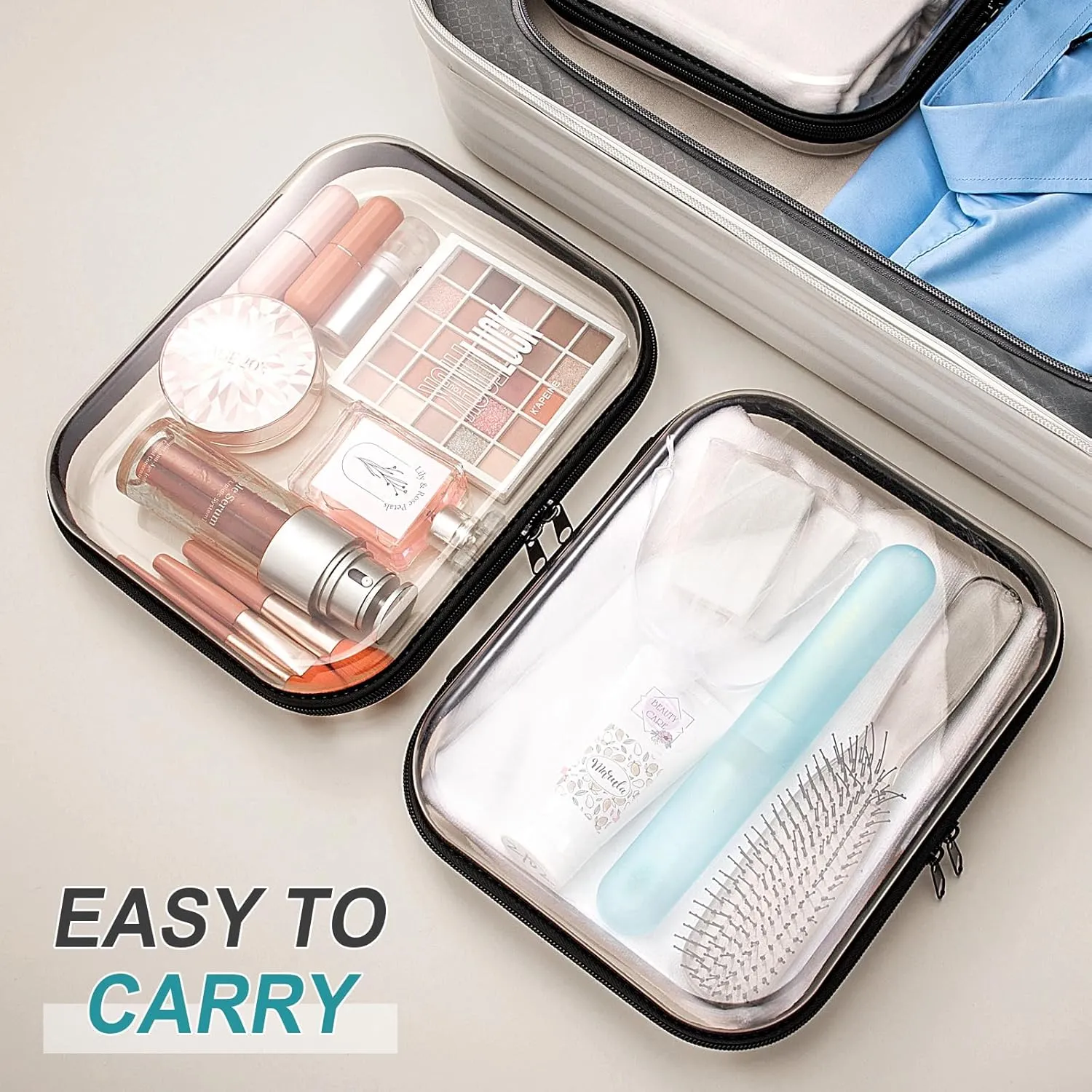 Sanwuta 6 Pcs Clear Hard Zipper Case Hard Plastic Zipper Pouches Makeup Bag Transparent Cases for Snacks Plastic Storage Organizer Portable Box for Travel (Black,9.84 x 7.87 x 2 Inch)