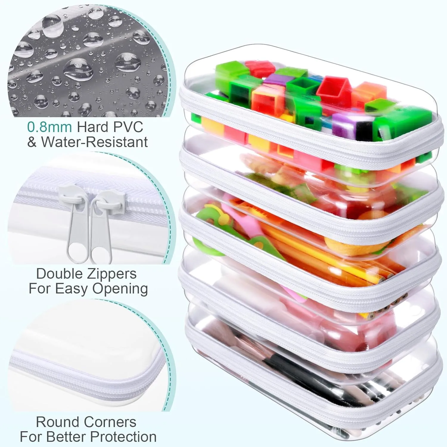 Sanwuta 6 Pcs Clear Hard Zipper Case Hard Plastic Zipper Pouches Makeup Bag Transparent Cases for Snacks Plastic Storage Organizer Portable Box for Travel