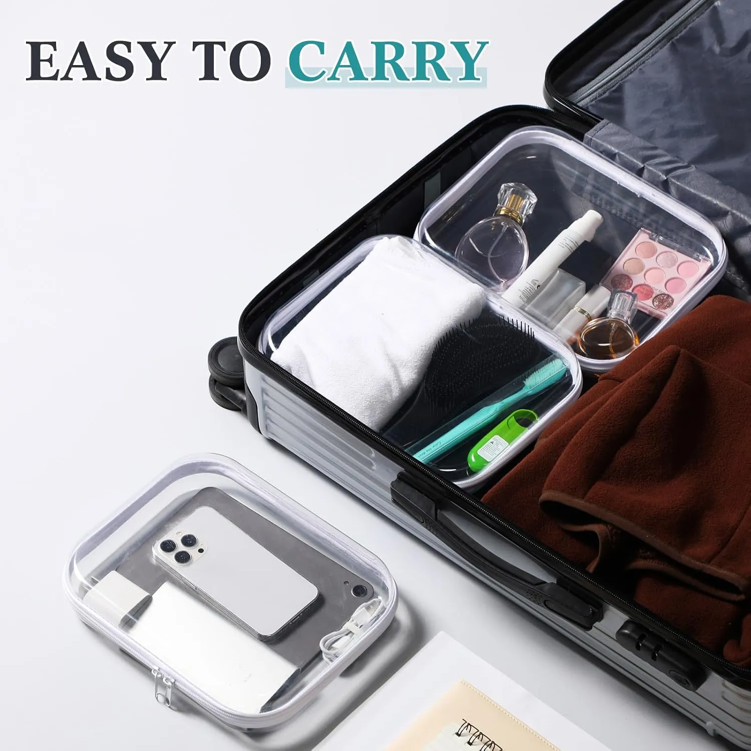 Sanwuta 6 Pcs Clear Hard Zipper Case Hard Plastic Zipper Pouches Makeup Bag Transparent Cases for Snacks Plastic Storage Organizer Portable Box for Travel
